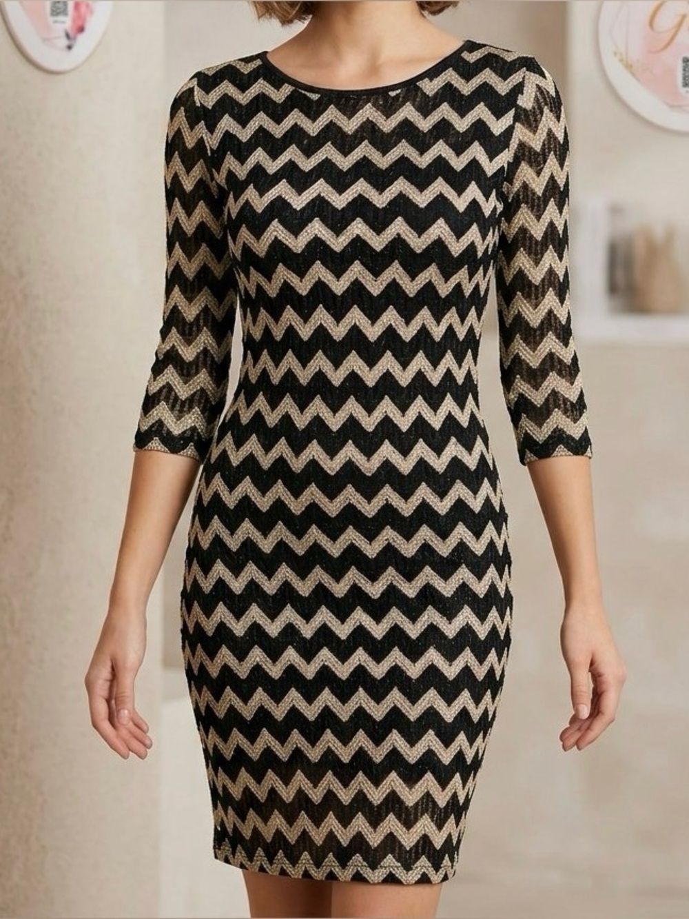 Foreign Exchange Black and Cream Chevron Midi Dress NWT Size Small